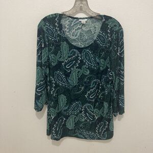 CROFT & BARROW blue green paisley scoop neck 3/4 sleeve stretchy top 1X